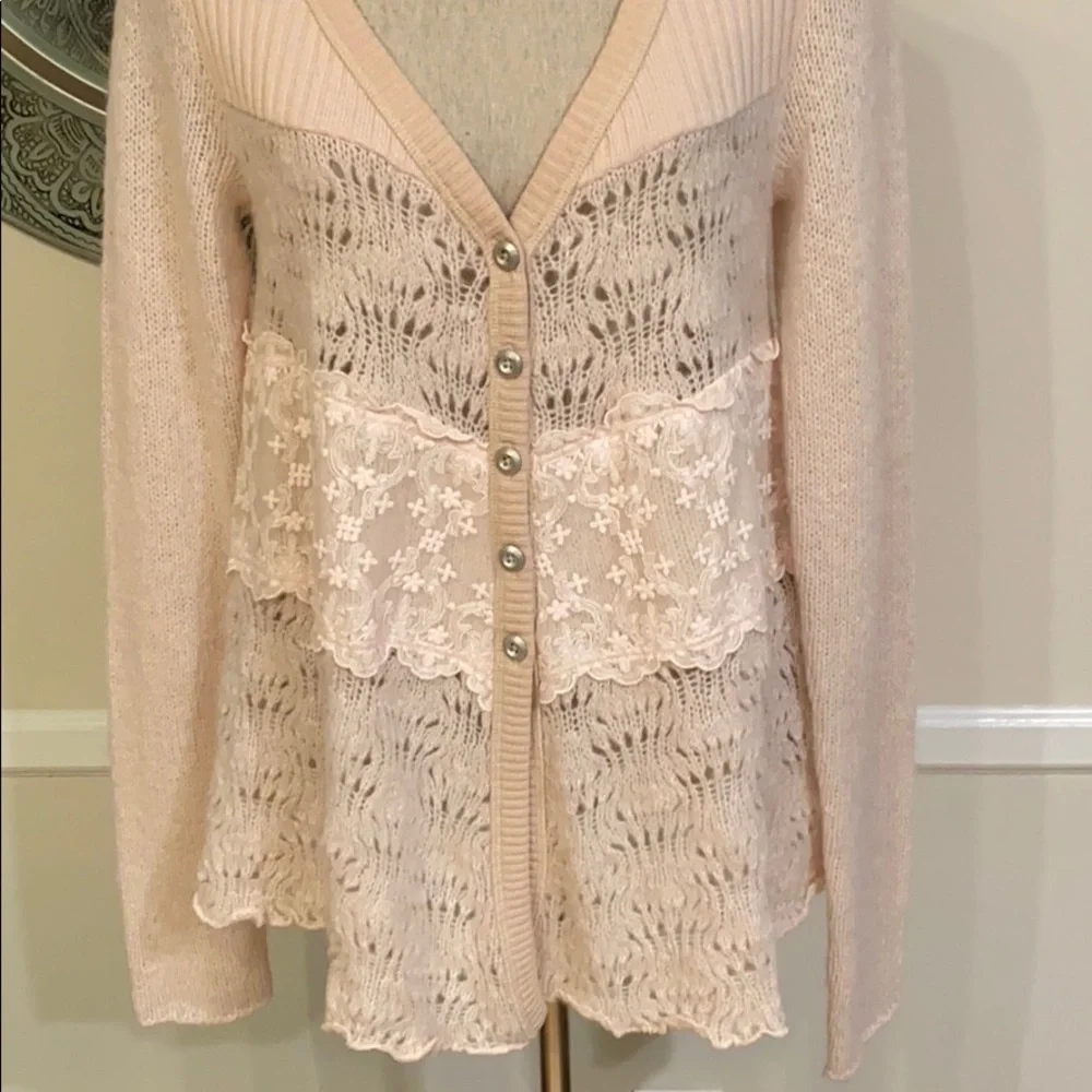 Free People Pale Blush Pink Lace & Knit Button-Up Cardigan - Picture 6 of 13